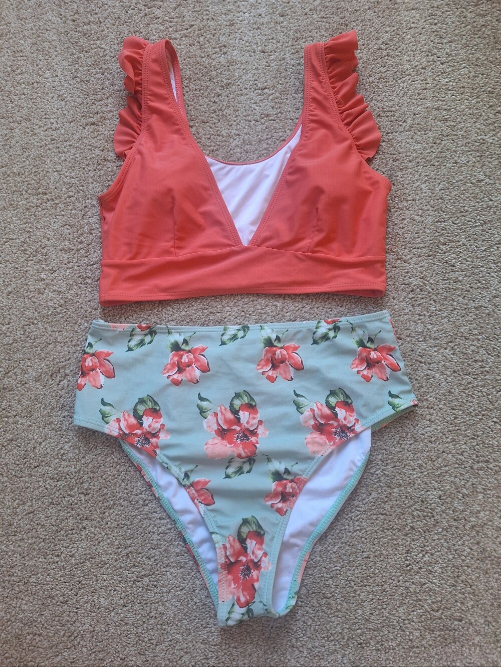 High Waist Bikini Swimsuit Ruffle Two Piece Bathing Suit Coral Floral Womens M